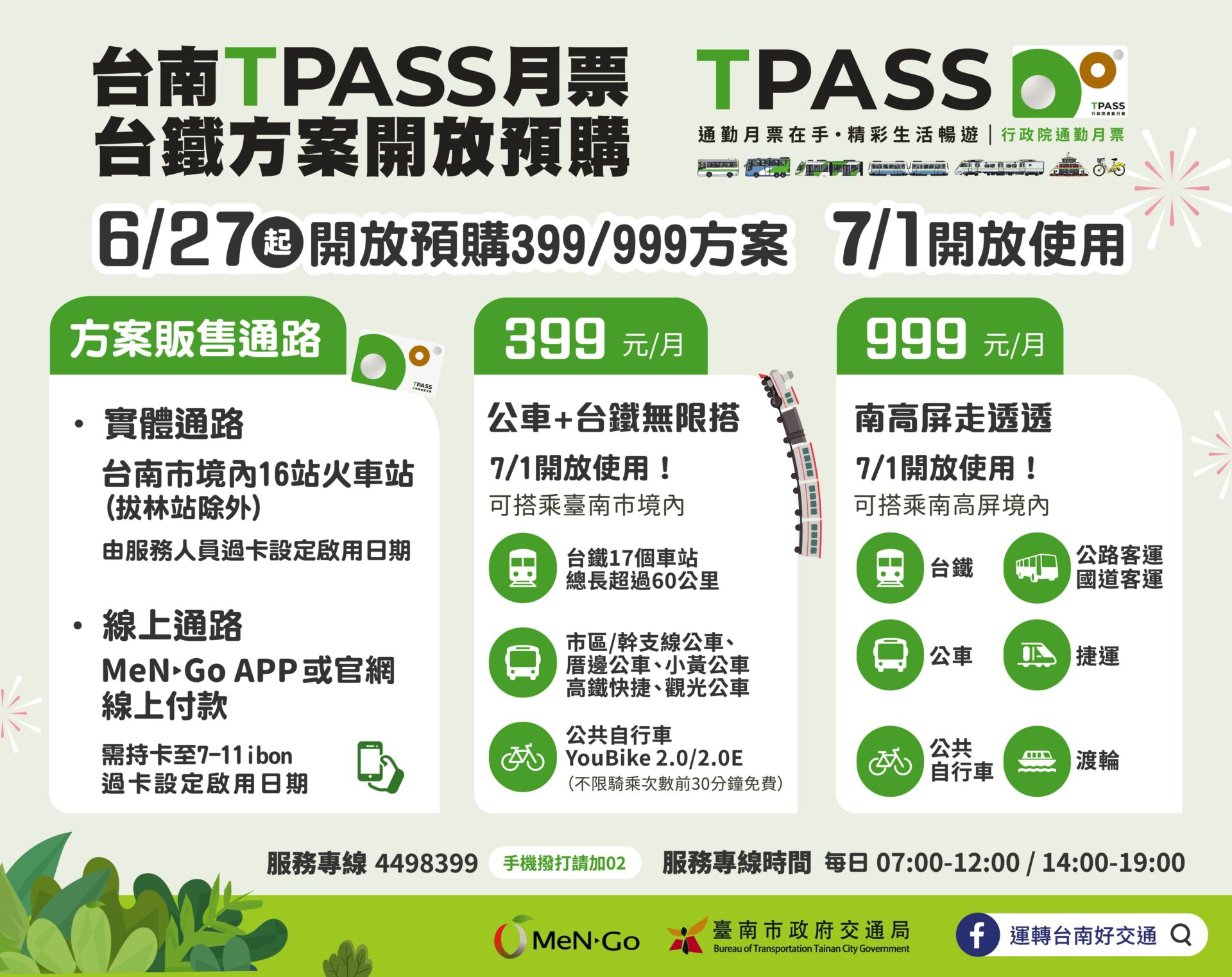台南TPASS月票399/999台鐵方案提前開放預購 7/1正式啟用 台南TPASS月票399/999台鐵方案提前開放預購 7/1正式啟用