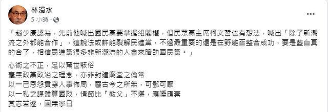 林濁水批綠可鄙可厭　藍白合非新系會暗助國民黨