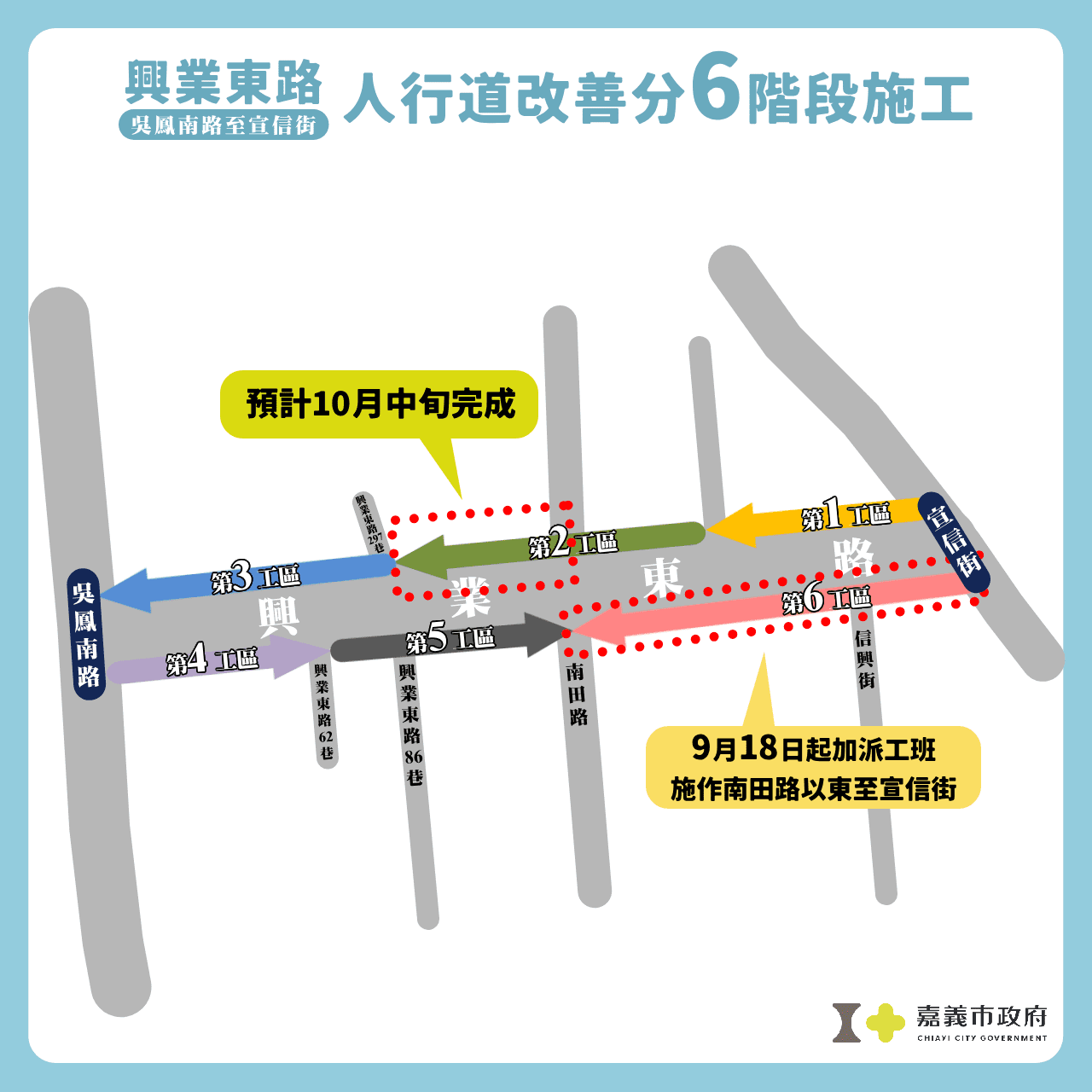 嘉市興業東路南側人行道9/18施工  用路人注意安全或改道