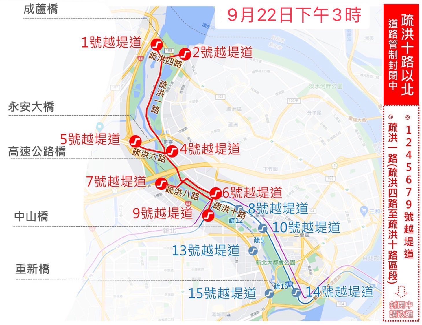 豪大雨及抽水站抽排水　二重疏洪道已積淹水　新北市府提醒配合改道