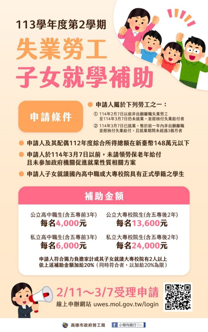 113學年度第2學期「失業勞工子女就學補助」高市勞工局開始受理申請 113學年度第2學期「失業勞工子女就學補助」高市勞工局開始受理申請