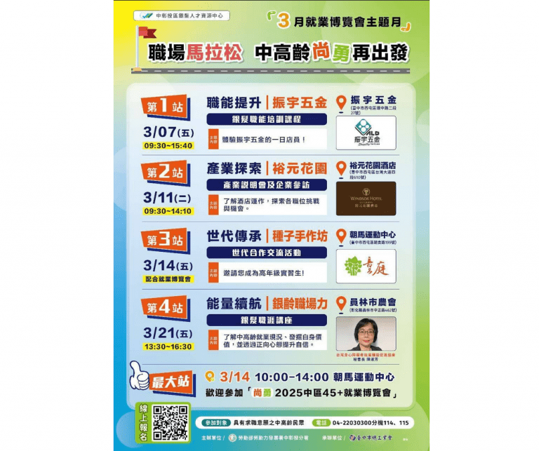「尚勇」職場新勢力！中部首屆45⁺就業博覽會　暖身系列活動3月即將登場