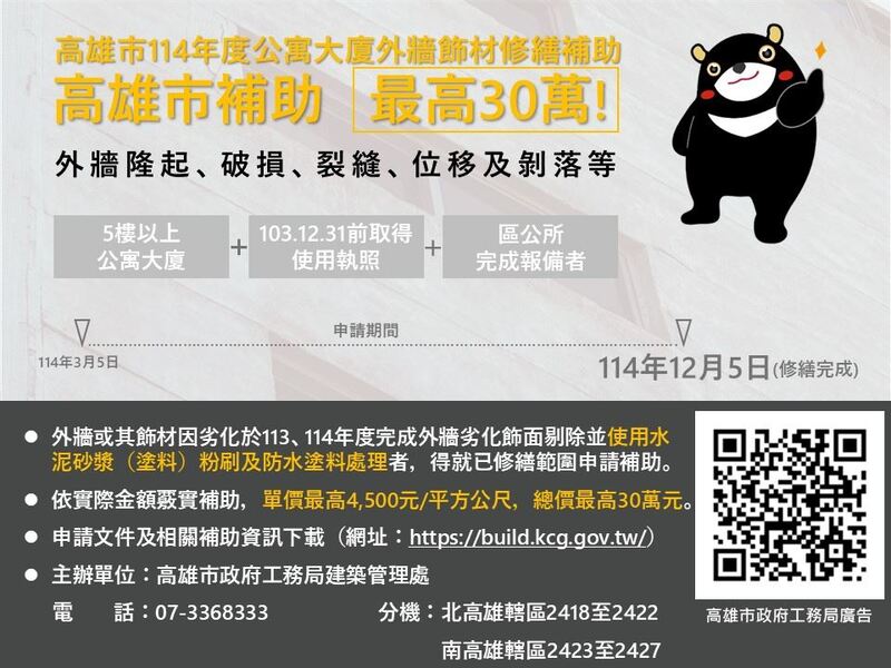 5層以上公寓大廈外牆飾材修繕補助最高30萬 12/5前截止受理 5層以上公寓大廈外牆飾材修繕補助最高30萬 12/5前截止受理
