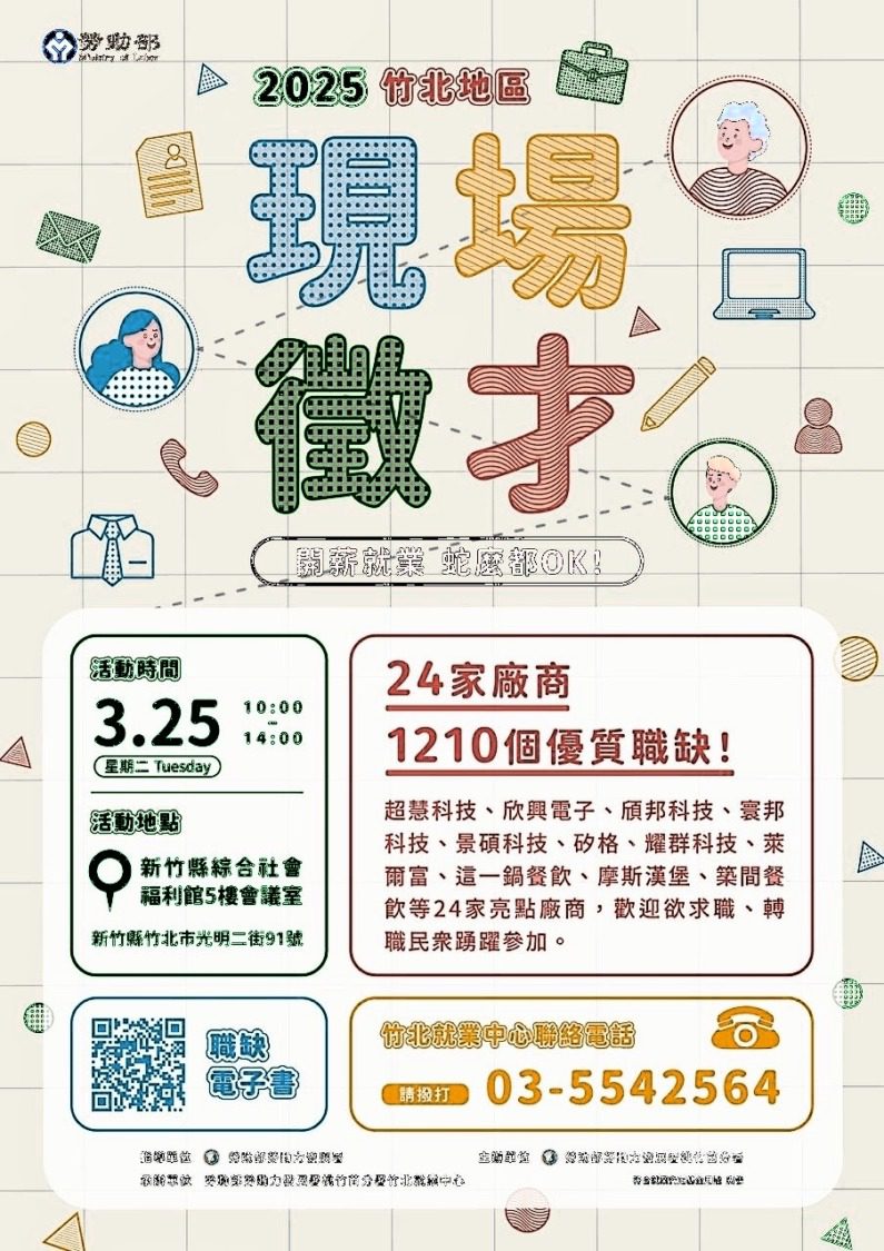 這場徵才工程師薪資上看70K 桃竹苗分署竹北就業中心3/25攜手24家廠商提供1210職缺 這場徵才工程師薪資上看70K 桃竹苗分署竹北就業中心3/25攜手24家廠商提供1210職缺