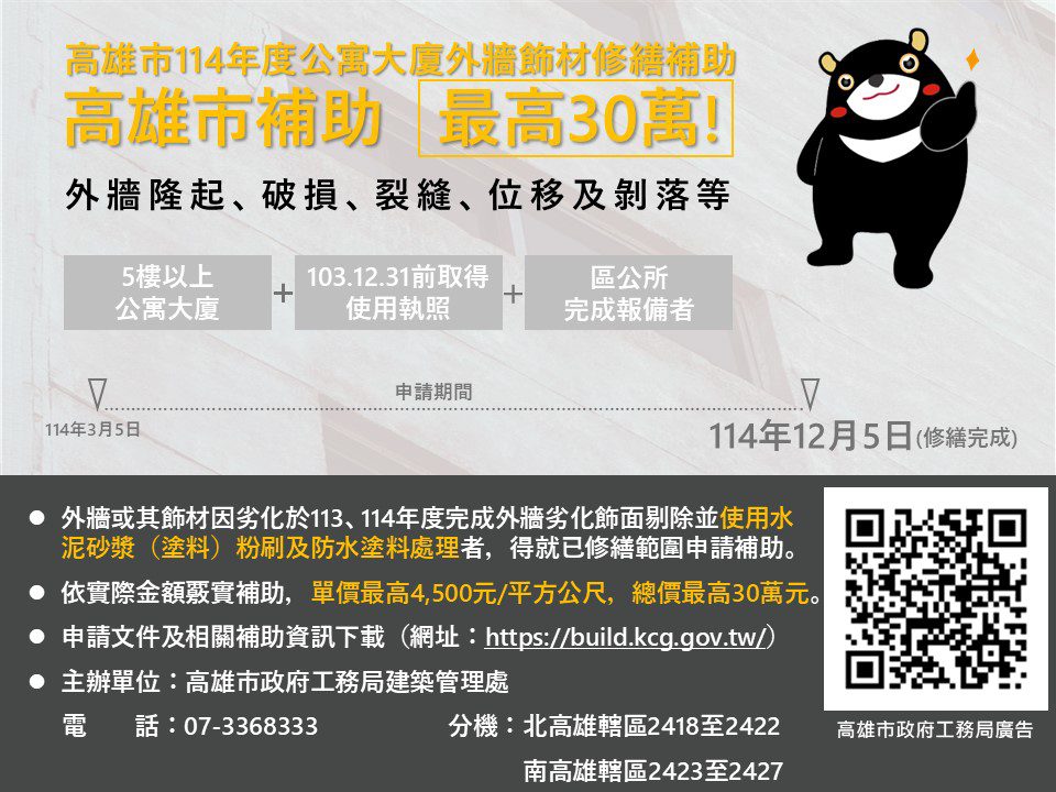 高市5層以上公寓大廈外牆飾材修繕補助最高30萬  12/5前截止受理 高市5層以上公寓大廈外牆飾材修繕補助最高30萬  12/5前截止受理