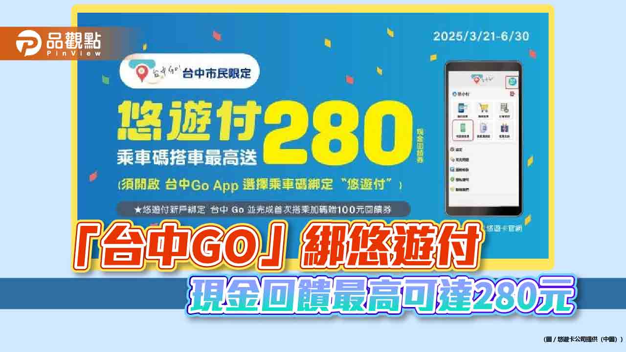 「台中GO」綁悠遊付 現金回饋最高可達280元 「台中GO」綁悠遊付 現金回饋最高可達280元