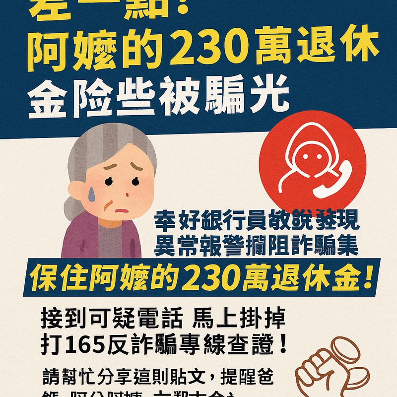 「230萬差點飛了！」70歲嬤差點中招　機警銀行員出手救回退休金