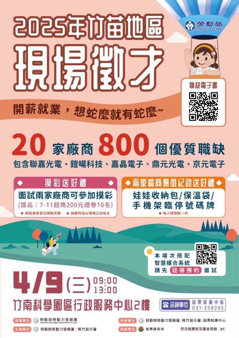 投入高科技相關產業就職好時機 桃竹苗分署4/9竹南科學園區徵才邀20廠商釋出800多元職缺 投入高科技相關產業就職好時機 桃竹苗分署4/9竹南科學園區徵才邀20廠商釋出800多元職缺