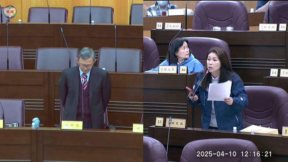 市議員謝美英在議會指出內壢今天上午豪大雨造成內壢車站停擺水漫鐵軌 應全面盤點易積淹水路段