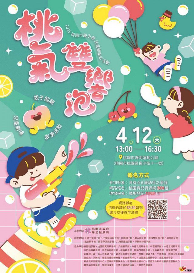 「桃氣雙響泡」親子館兒童節聯合活動 4/12下午桃園區陽明運動公園歡樂登場 「桃氣雙響泡」親子館兒童節聯合活動 4/12下午桃園區陽明運動公園歡樂登場