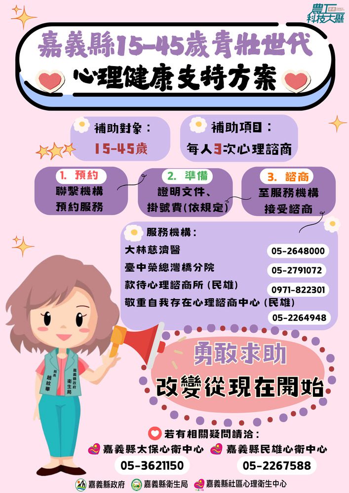 15-45歲青壯世代心理健康支持方案,每年享3次心理諮商補助 15-45歲青壯世代心理健康支持方案,每年享3次心理諮商補助