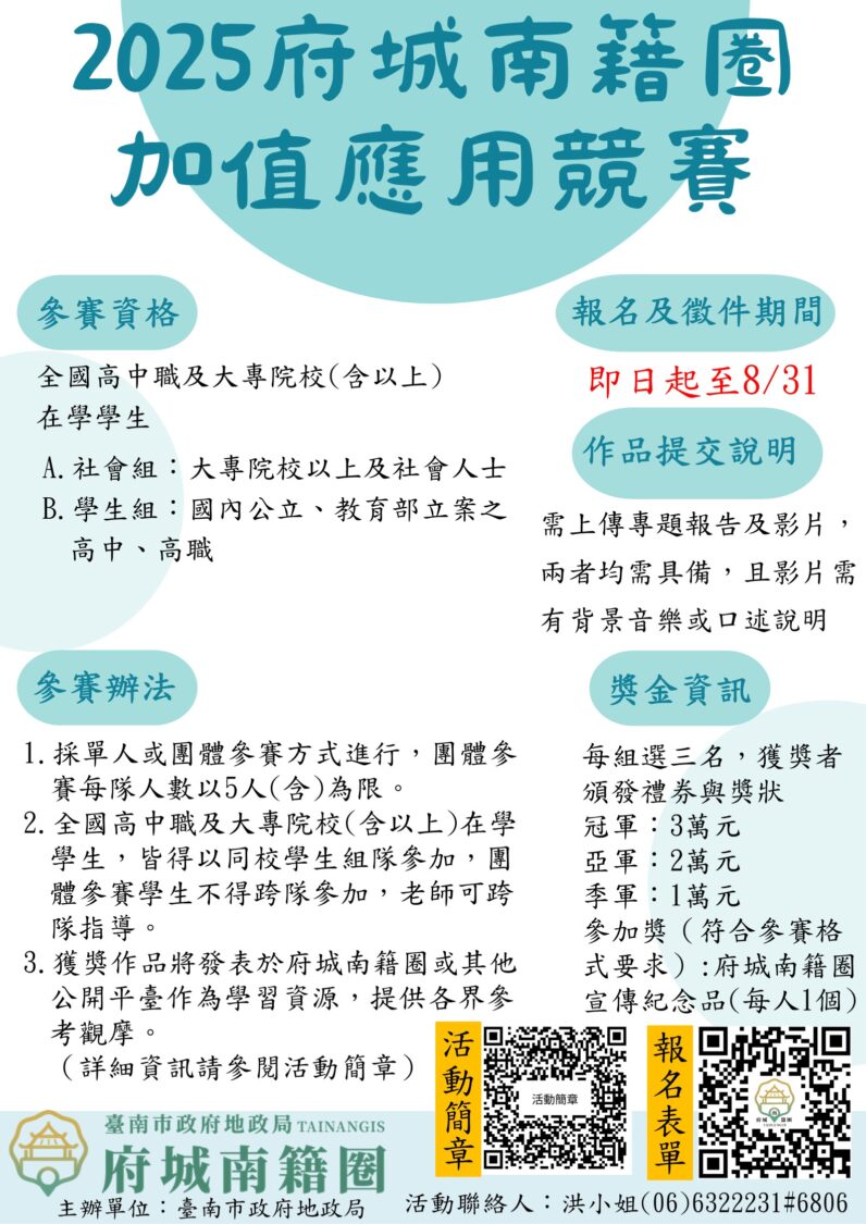 「府城南籍圈」競賽總獎金6萬 冠軍可獲3萬元獎金 「府城南籍圈」競賽總獎金6萬 冠軍可獲3萬元獎金