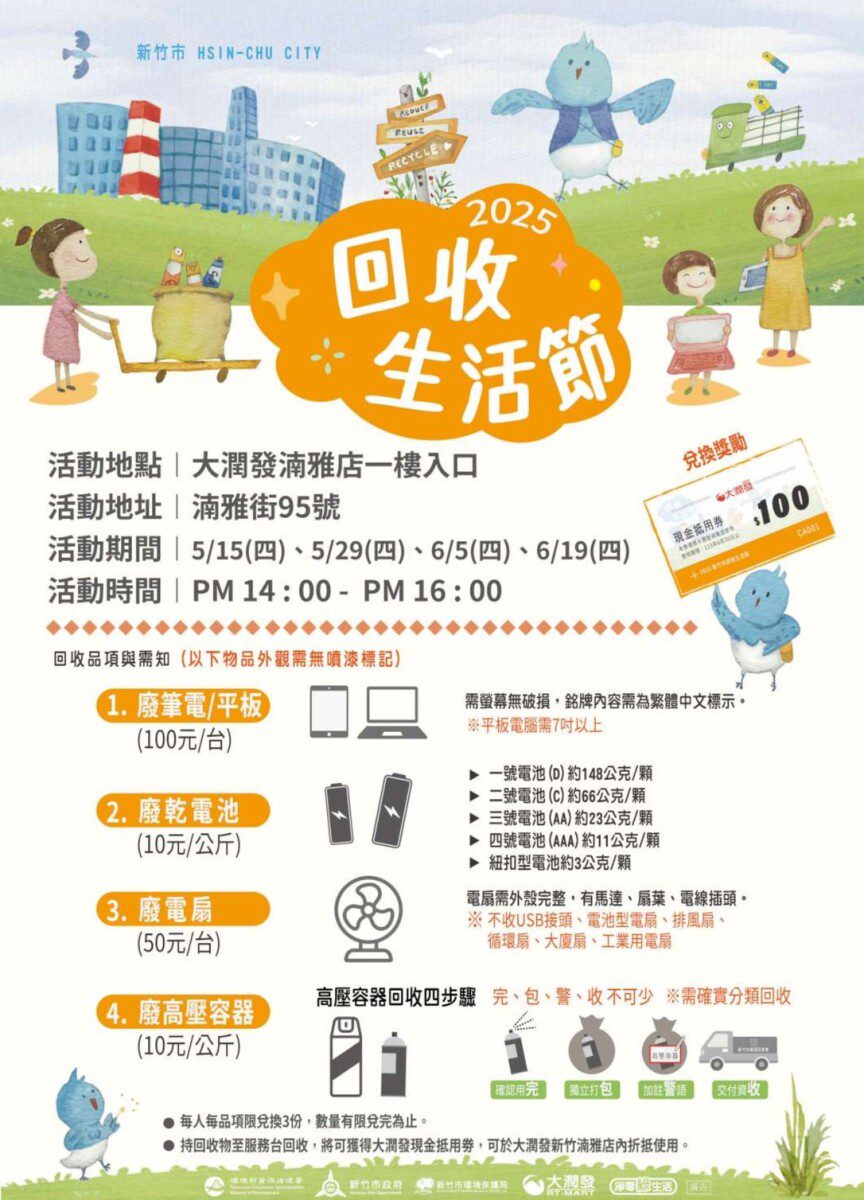 回收生活節 登場!新竹市攜手5大業者推資源回收換抵用券 打造永續綠生活 回收生活節 登場!新竹市攜手5大業者推資源回收換抵用券 打造永續綠生活