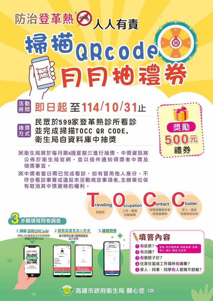 高雄市衛生局首創診所建置TOCC問卷系統 民眾候診手機掃碼填寫參加抽獎 提升登革熱通報警覺