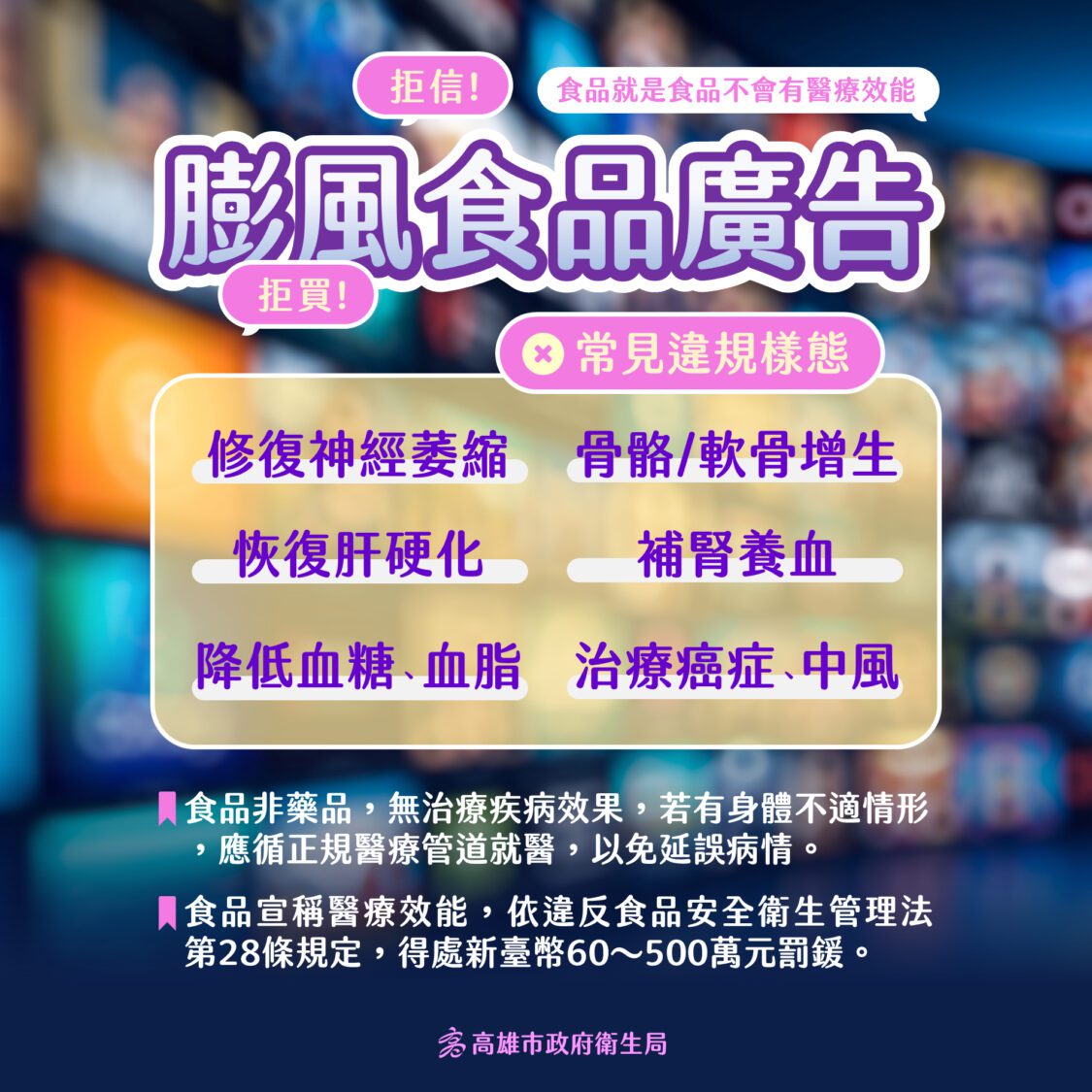 「食品廣告 毋通膨風」稱療效可治癌 高雄市衛生局6件重罰820萬 「食品廣告 毋通膨風」稱療效可治癌 高雄市衛生局6件重罰820萬