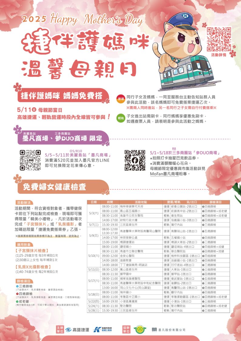 守護媽媽健康 高捷聯手衛生局母親節安排23場婦女篩檢活動 守護媽媽健康 高捷聯手衛生局母親節安排23場婦女篩檢活動