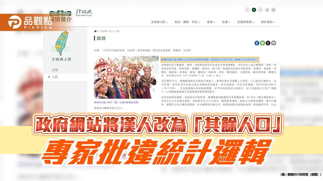政府網站將漢人改為「其餘人口」 專家批違統計邏輯 政府網站將漢人改為「其餘人口」 專家批違統計邏輯