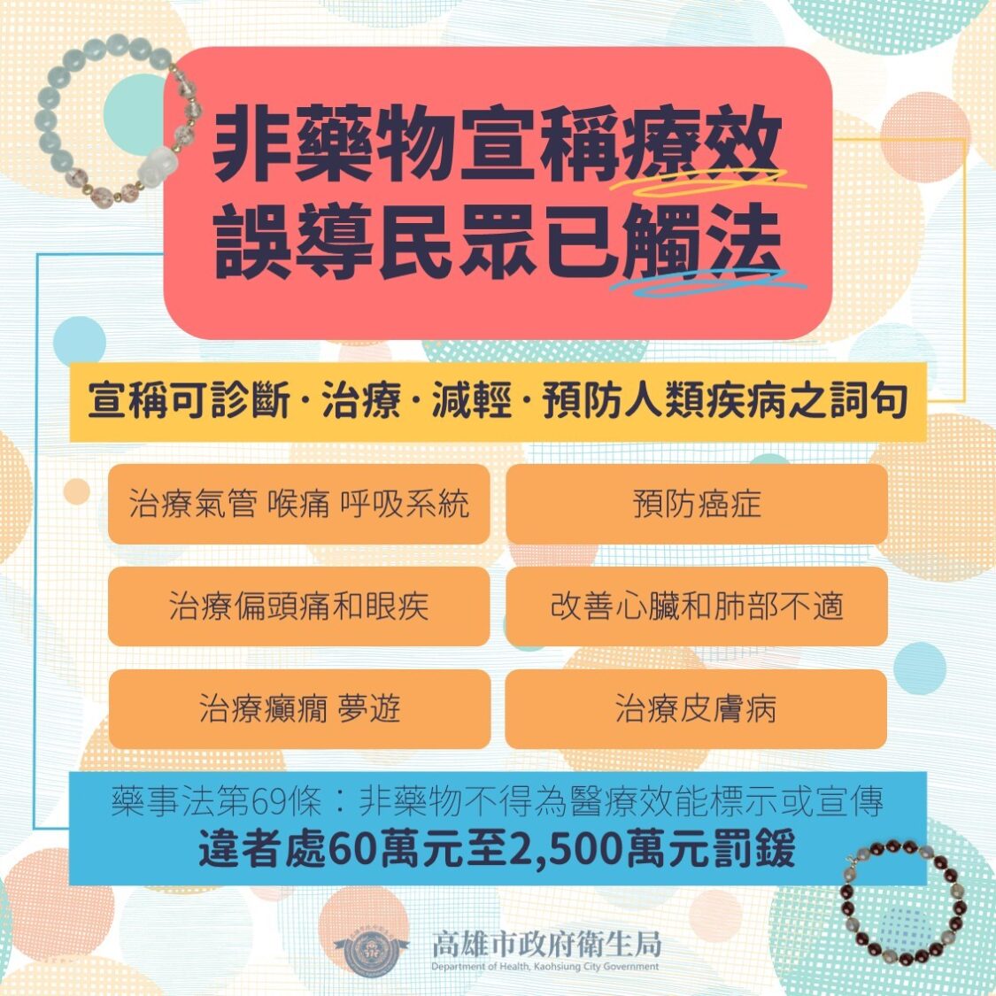網售「手鍊」非藥物宣稱療效已觸法 遭高雄市衛生局查獲 網售「手鍊」非藥物宣稱療效已觸法 遭高雄市衛生局查獲