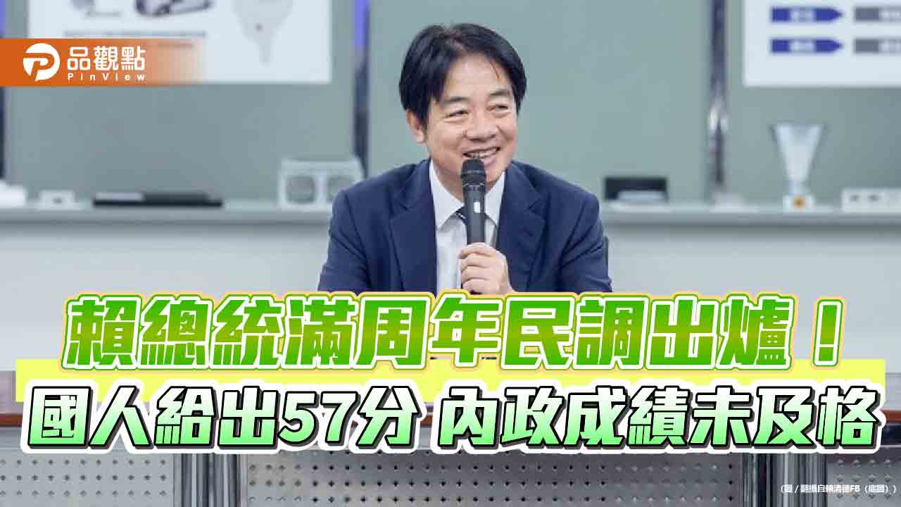 賴總統滿周年民調出爐!國人給出57分 內政成績未及格 賴總統滿周年民調出爐!國人給出57分 內政成績未及格