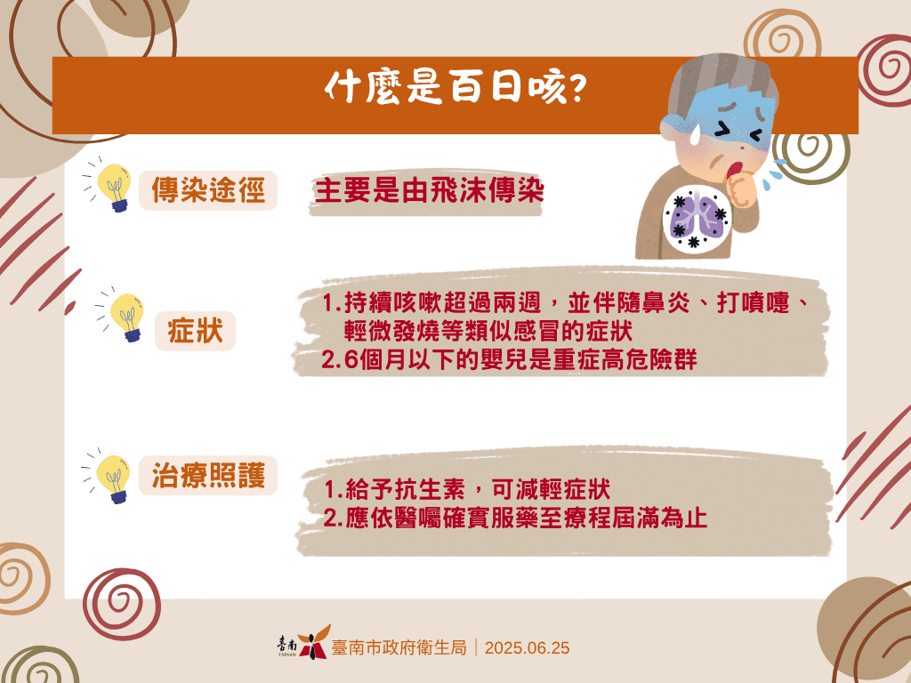 成人也會得到百日咳！南市新增確診1例成人百日咳個案，籲請民眾提高警覺，嬰幼兒按時接種疫苗