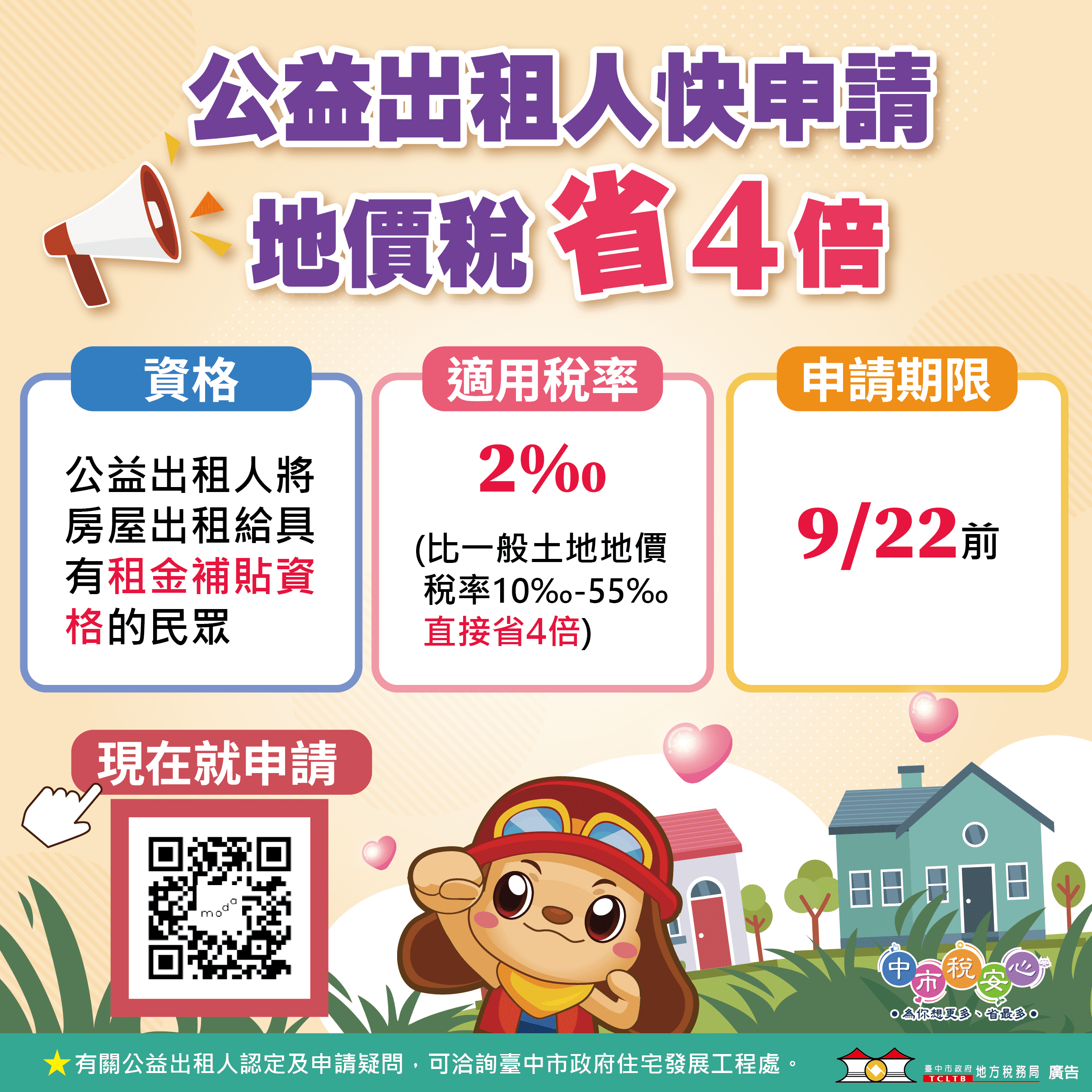 公益出租人地價稅立馬減4倍　台中地稅局提醒房東9/22前申請