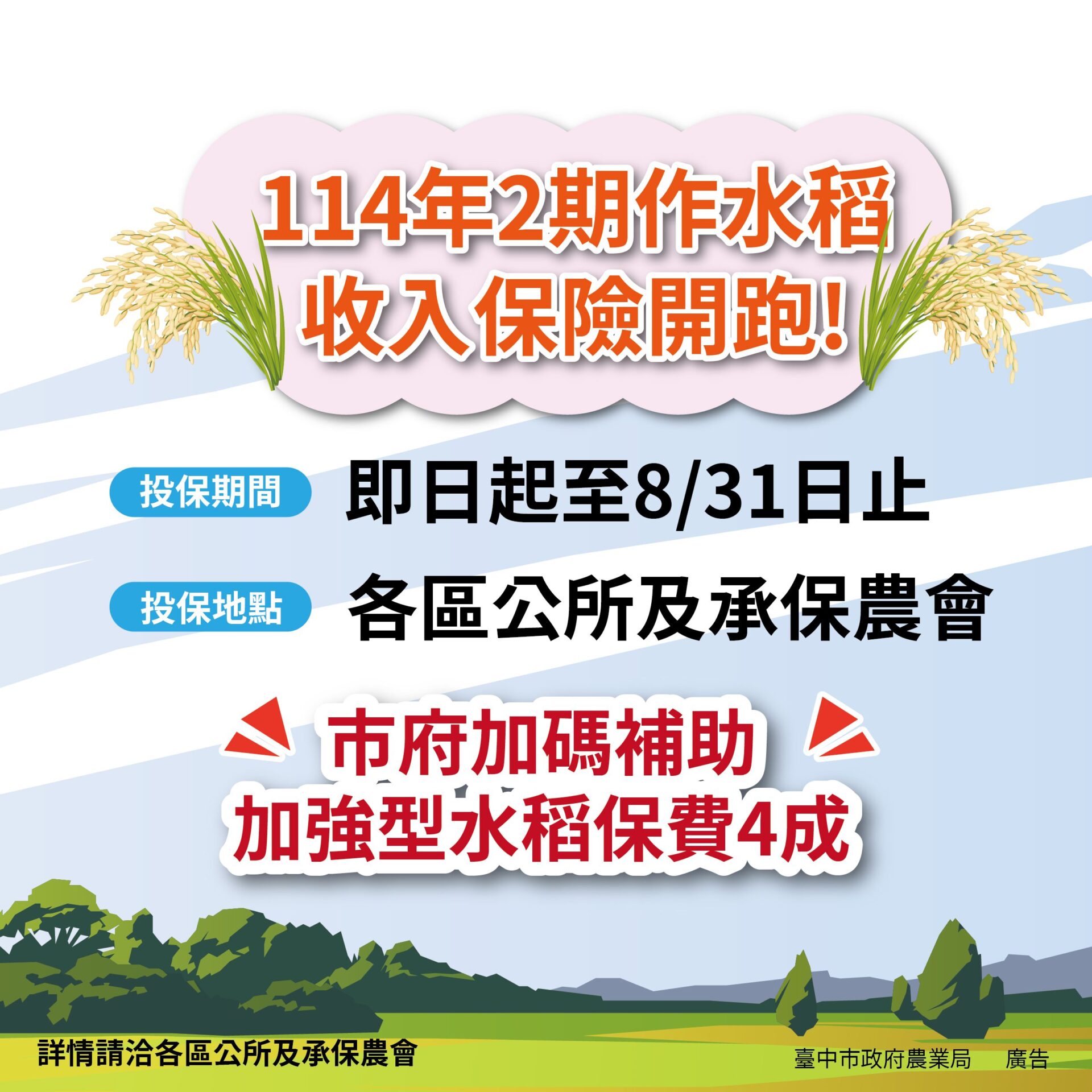 二期水稻收入保險開始投保　台中農業局加碼補助