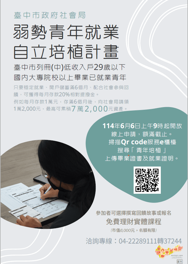 穩定就業最高補助1.2萬元　台中弱勢青年就業自立培植計畫6/6開放申請