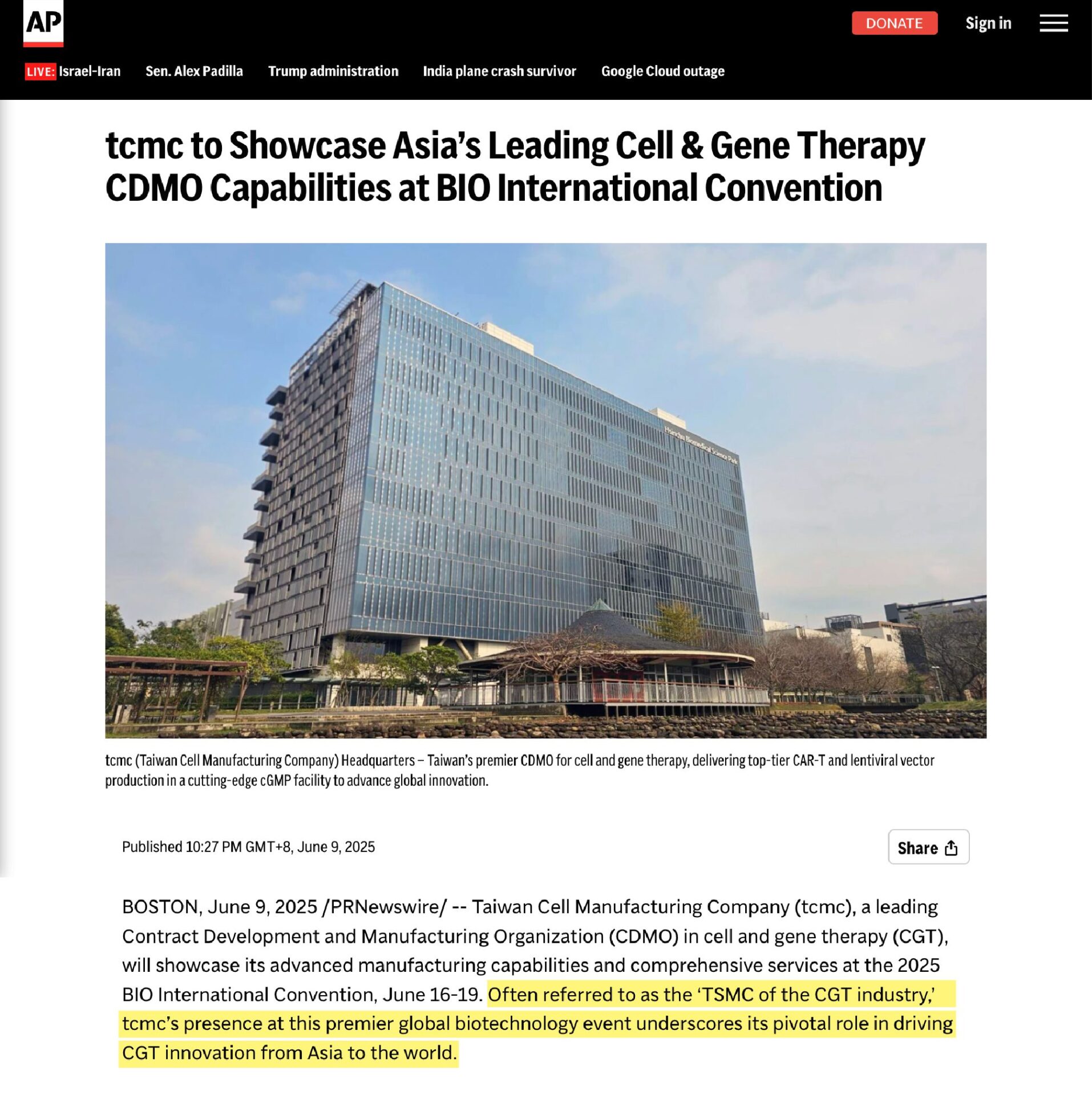 tcmc亮相BIO北美國際生技展　打造亞洲最佳CGT製造門戶