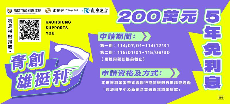 「雄挺利」最挺你! 青創貸款利息補貼7/1開跑 助力青年減輕負擔 「雄挺利」最挺你! 青創貸款利息補貼7/1開跑 助力青年減輕負擔