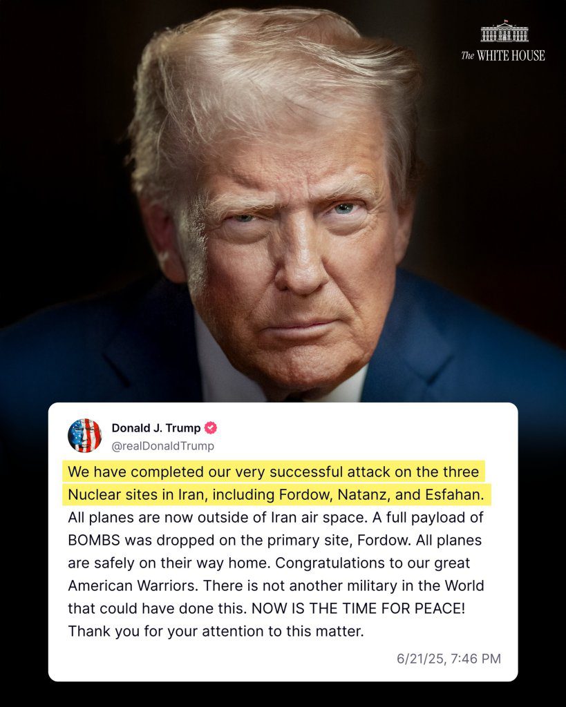 美國對伊朗核設施發動空襲 川普總統宣布行動「非常成功」 美國對伊朗核設施發動空襲 川普總統宣布行動「非常成功」