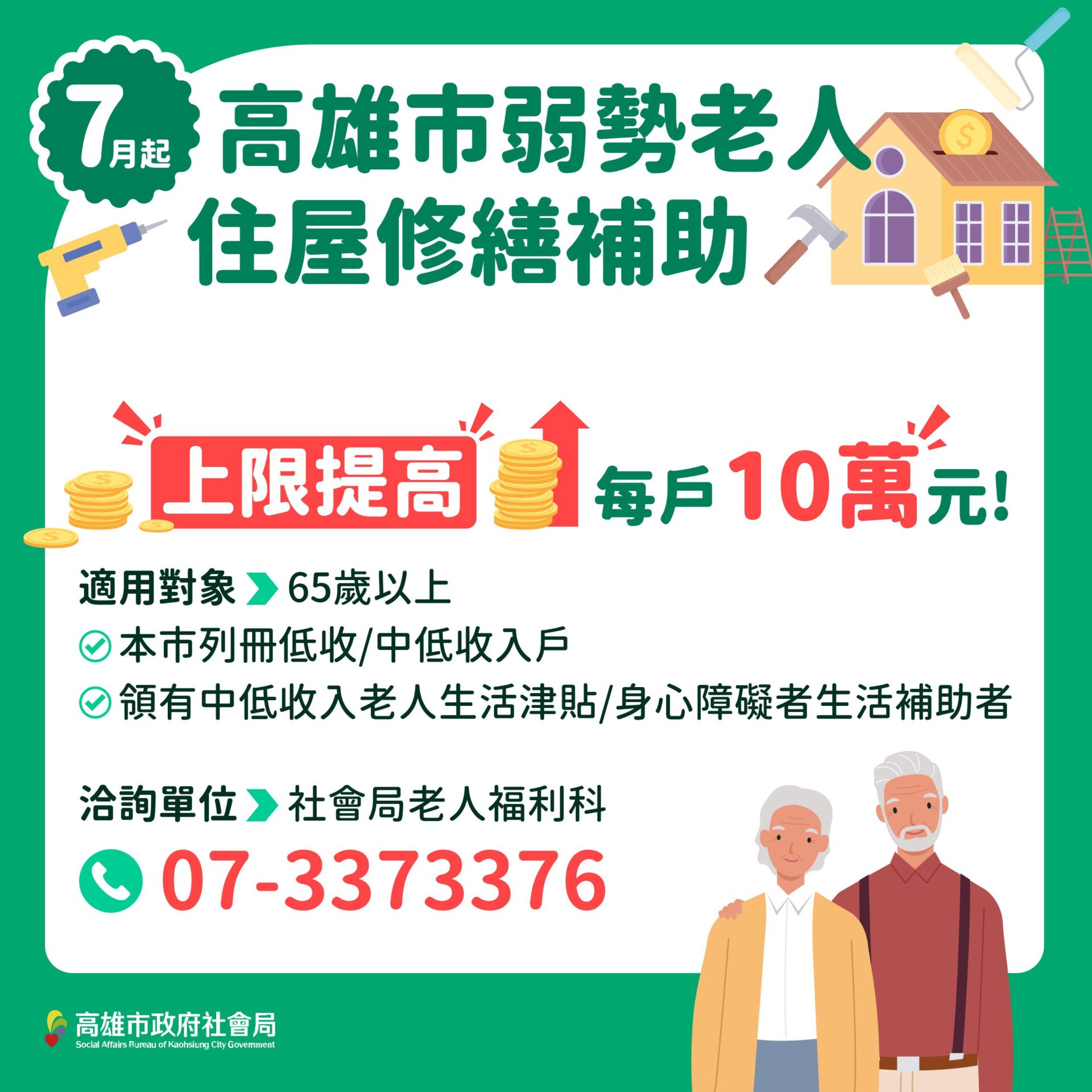 弱勢老人住屋修繕加碼補助 7月1日起最高補助10萬元 弱勢老人住屋修繕加碼補助 7月1日起最高補助10萬元