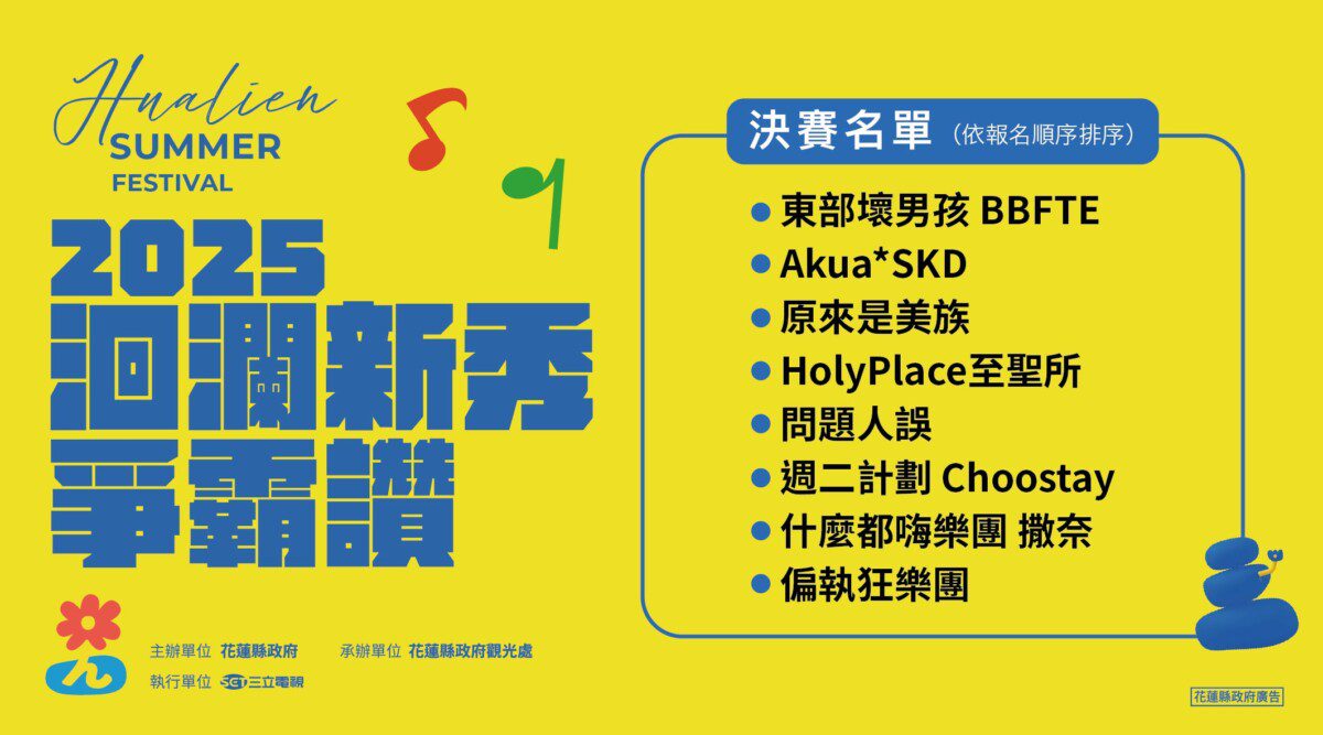 2025花蓮洄瀾新秀爭霸讚 徵選初賽結果出爐8組團體晉級決賽 角逐15萬元獎金及演出名額 2025花蓮洄瀾新秀爭霸讚 徵選初賽結果出爐8組團體晉級決賽 角逐15萬元獎金及演出名額