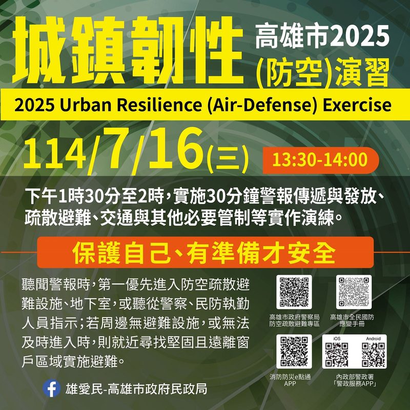 7月16日高雄市2025城鎮韌性(防空)演習