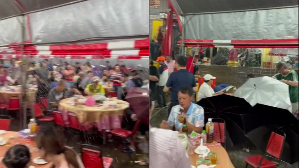 有片／真流水席！麻豆宮廟颱風天「照辦流水席」民眾撐傘也要吃　民眾苦笑：免費加湯