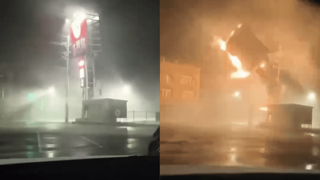 有片／颱風丹娜絲肆虐！大潤發招牌倒塌冒火花　驚悚畫面曝　