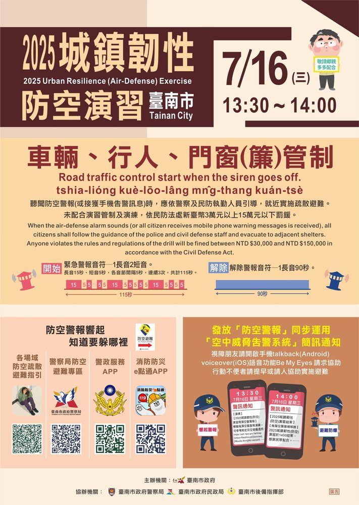 7/16南部地區（臺南市、高雄市、屏東縣）2025年城鎮韌性（防空）演習