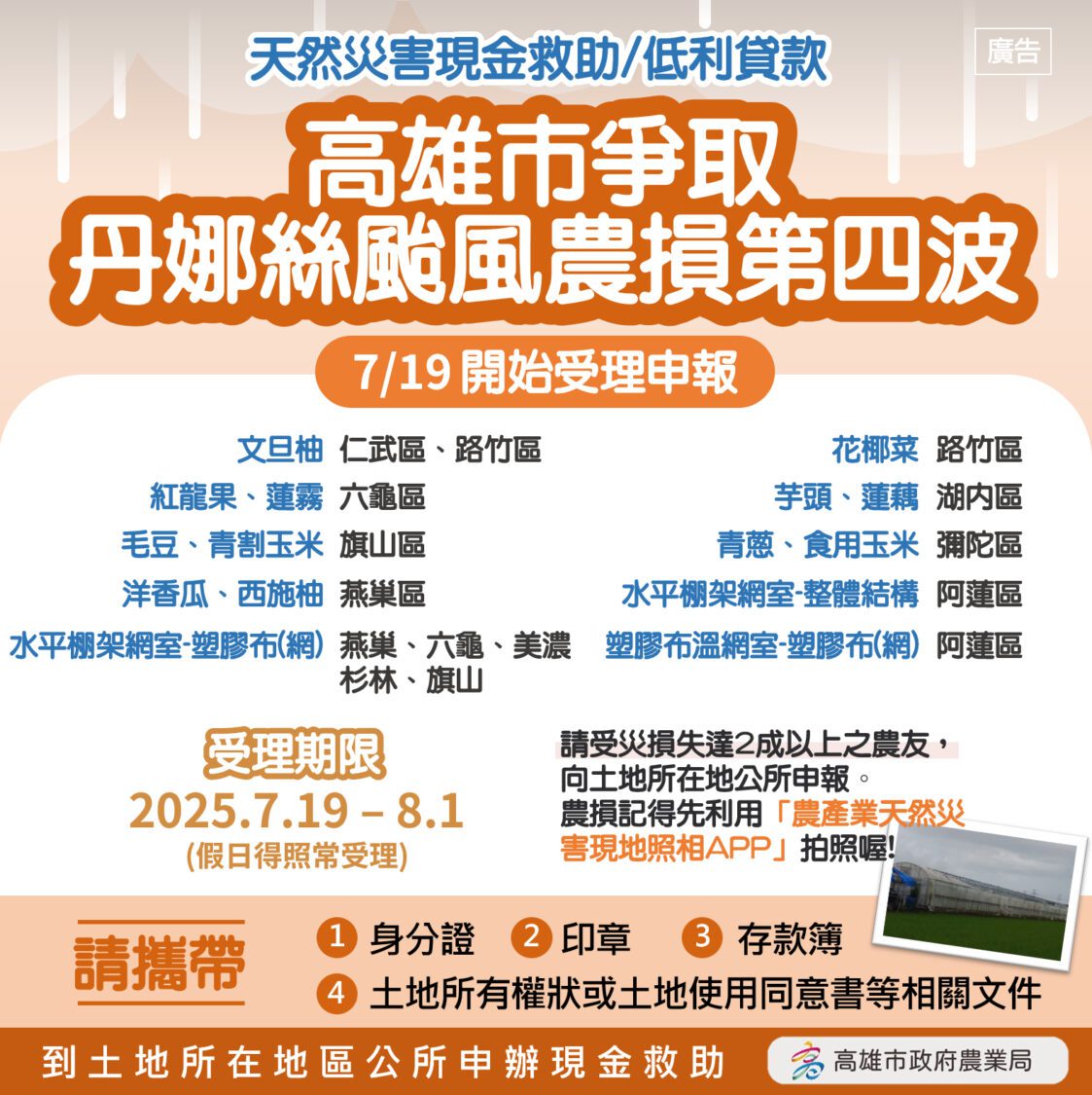 高雄市爭取丹娜絲颱風第四波農損救助 7/19起受理