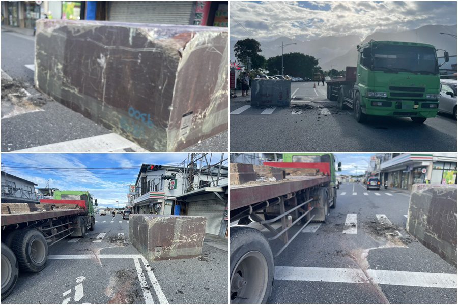 影音/龐然大理石滾落路上 曳引車駕駛遭警舉發