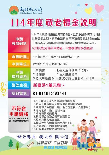 竹縣敬老禮金申請只到9月　首梯撥款創新高7月底入帳