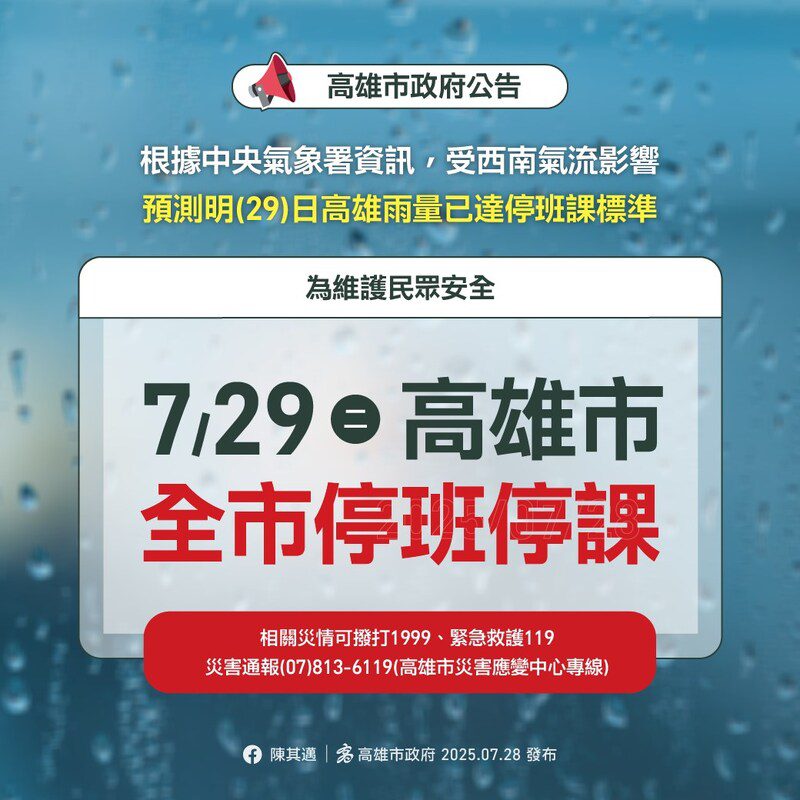 南部豪雨警戒！7/29台南、高雄、屏東、嘉義停班停課資訊總整理