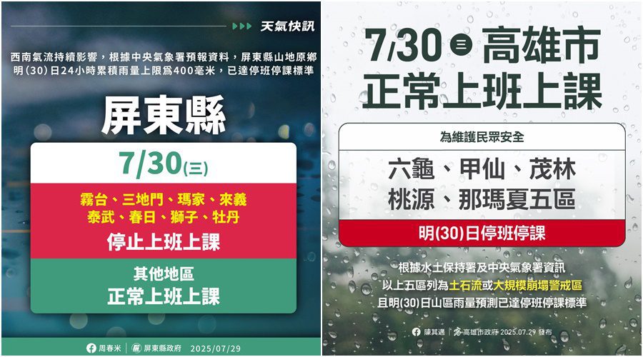 大雨持續肆虐 高市5區、屏縣8鄉7/30停班停課 大雨持續肆虐 高市5區、屏縣8鄉7/30停班停課