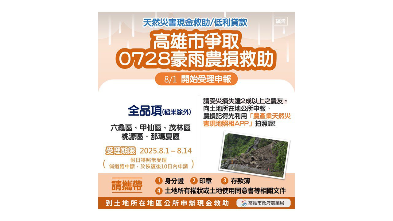 五區受豪雨重創 農業局:高雄市成功爭取啟動救助計畫 五區受豪雨重創 農業局:高雄市成功爭取啟動救助計畫