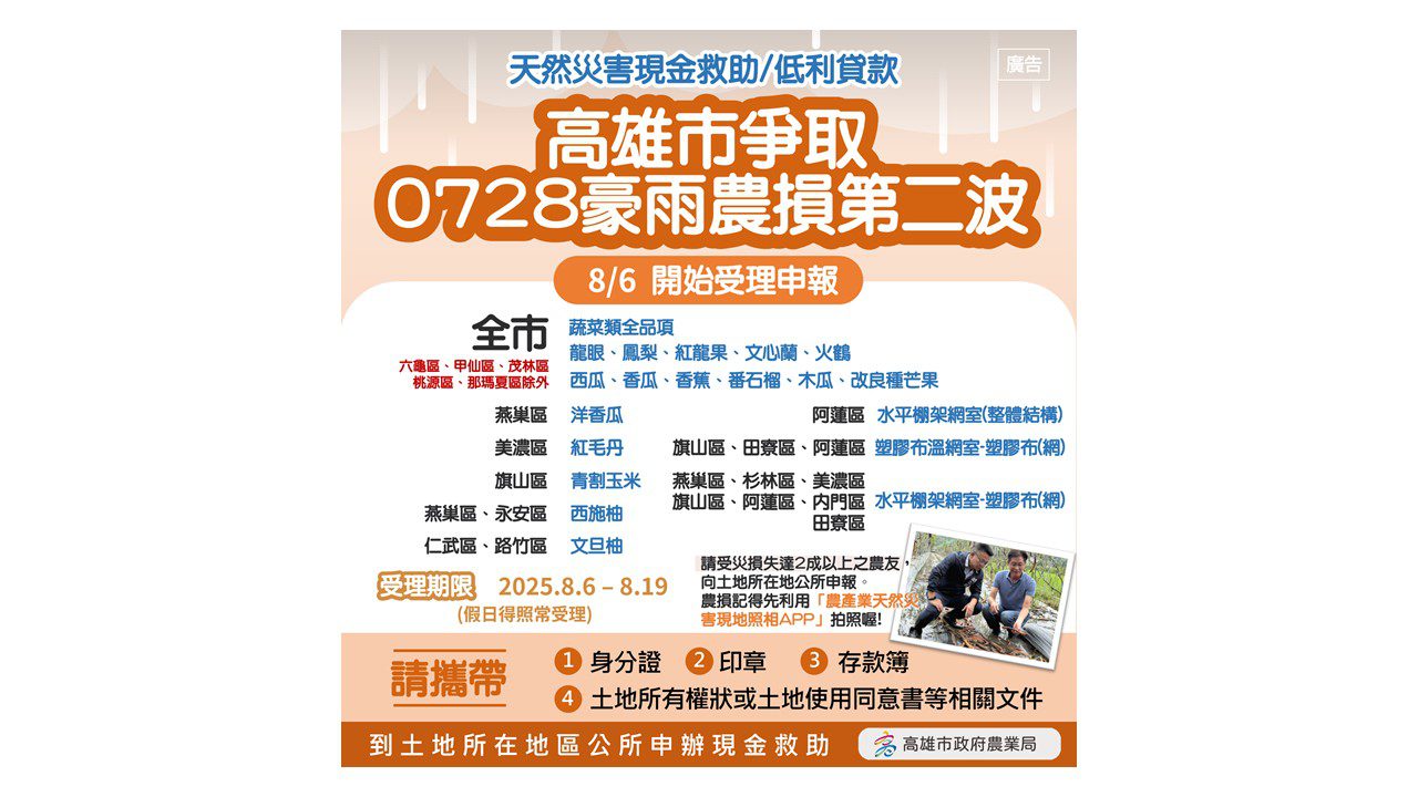 高雄農業局： 0728豪雨第二波農損救助即日起受理