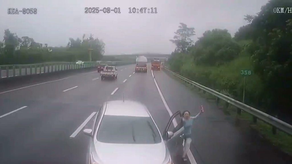 影／國道三寶！大媽下車沒打P檔逆向滑行　急追上「單手拉車門」止不住釀禍