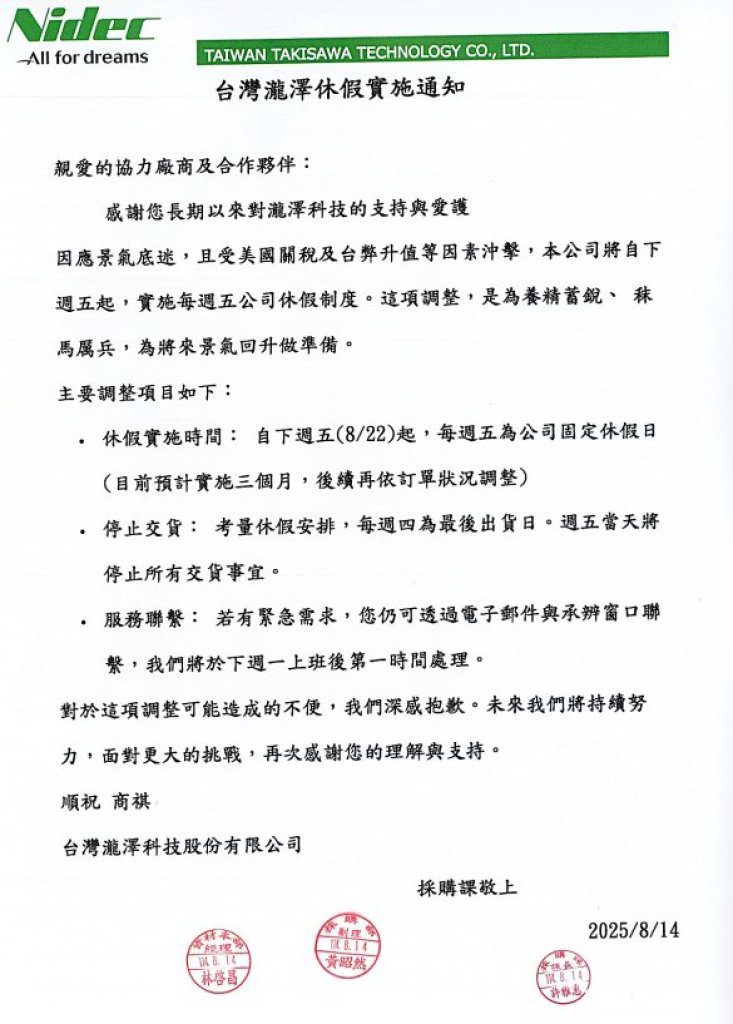 工具機業吹「休假潮」！瀧澤科技改週休三日　網喊：羨慕這種老闆