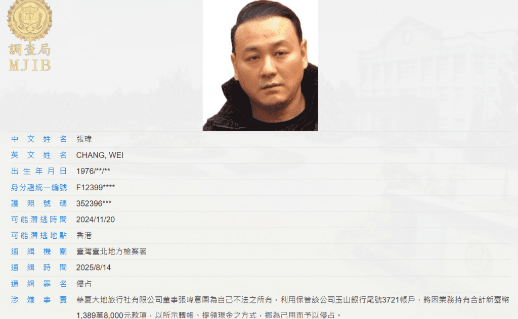 白狼子張瑋潛逃香港遭調查局發布通緝 懸賞獎金曝光 白狼子張瑋潛逃香港遭調查局發布通緝 懸賞獎金曝光