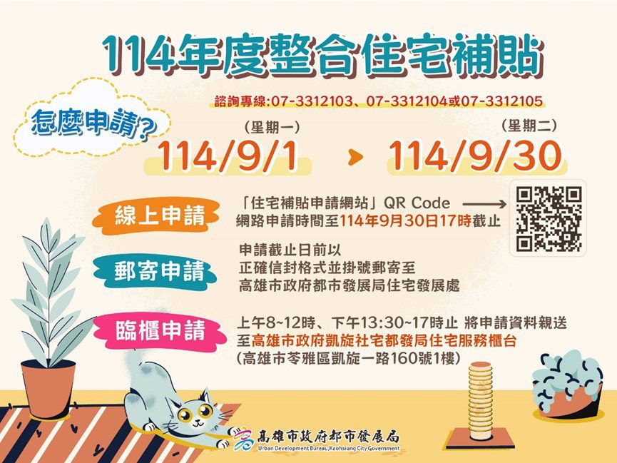 114年自購及修繕住宅貸款利息補貼開放申請 高市都發局：經濟或社會弱勢資格可享最低1.187％優惠利率