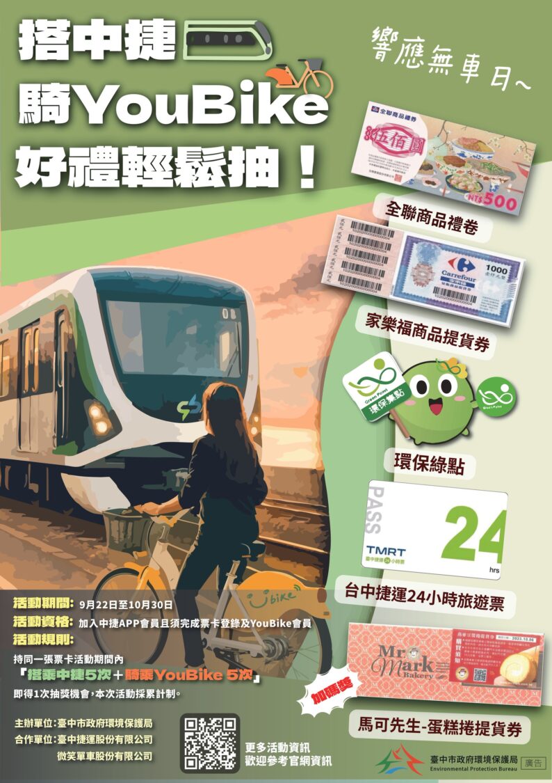 中市環保局響應9/22國際無車日 鼓勵「捷淨零碳樂生活」 豐富獎項輕鬆抽 中市環保局響應9/22國際無車日 鼓勵「捷淨零碳樂生活」 豐富獎項輕鬆抽