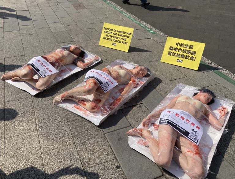 西門町驚現「盒裝人肉」 PETA震撼行動呼籲中秋改吃素 西門町驚現「盒裝人肉」 PETA震撼行動呼籲中秋改吃素