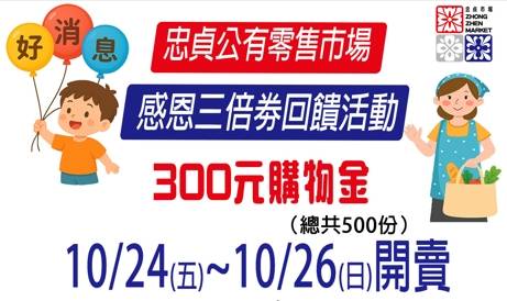 100元當300元用 忠貞市場三倍券活動10/24(五)限量登場 100元當300元用 忠貞市場三倍券活動10/24(五)限量登場